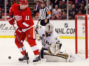 Dallas goalie Kari Lehtonen, right, makes a save on Detroit's Daniel Cleary at Joe Louis Arena. (Photo by Gregory Shamus/Getty Images)