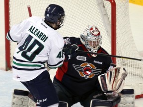 Plymouth's Alex Aleardi, left, is stopped by Windsor goalie John Cullen at the WFCU Centre last year. (TYLER BROWNBRIDGE/The Windsor Star)