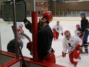 Detroit forward Todd Bertuzzi, centre, outlines a workout for other players at the Troy Sports Center Monday in Troy, Mich. (AP photo/Carlos Osorio)