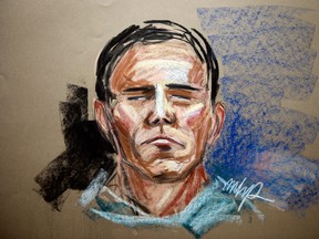 Luka Magnotta, the Montreal suspect in a gruesome dismemberment-murder of Lin Jun, is seen in an artist's sketch during his video court appearance Tuesday, June 19, 2012 in Montreal. Luka Rocco Magnotta has pleaded not guilty. THE CANADIAN PRESS/MHP