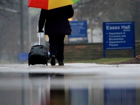 A pedestrian walks with an umbrella at the University of Windsor during a rain shower in this 2013 file photo. (JASON KRYK/The Windsor Star)