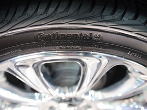 The Continental Tires LC logo is displayed on the tire of a vehicle during the 2013 North American International Auto Show in Detroit on Jan. 14, 2013. (Daniel Acker/Bloomberg)
