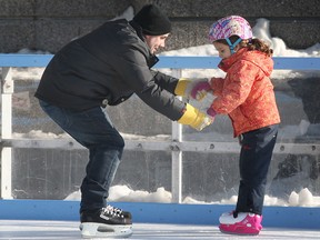 Tabitha Main, 5, and her dad Sean Main enjoyed a sunny morning skate Monday, Jan. 7, 2013, at the Charles Clark Square in downtown Windsor, Ont. It was Tabitha's second time on skates. Here she adjusts her helmet after she took a spill. (DAN JANISSE/The Windsor Star)