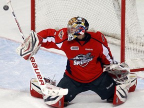 The Windsor Spitfires Jaroslav Pavelka makes a save against the Brampton Battalions at the WFCU Centre in Windsor on Thursday, January 10, 2013.