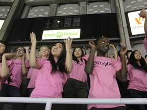 Vancouver students dance at Pacific Coliseum during a Giants hockey game to stop bullying on Sun. Jan. 20.