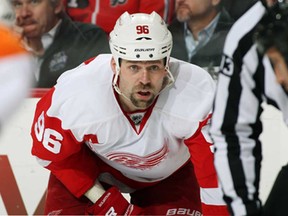 Detroit's Tomas Holmstrom looks on before a face-off against the Flyers on March 6, 2012 at the Wells Fargo Center in Philadelphia, Pennsylvania. (Len Redkoles/NHLI via Getty Images)