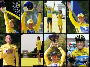 American cyclist enjoyed an outstanding career in Europe, winning seven Tour de France titles until he admitted to using performance-enhancing drugs. The titles have since been stripped.  (JAVIER SORIANO, JOEL SAGET, FRANCK FIFE, PATRICK KOVARIK, MARTIN BUREAU / AFP / Getty Images)