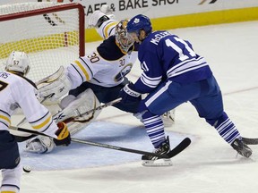 Toronto's Jay McClement, right, scores on Sabres goalie Ryan Miller as Tyler Myers, left, defends during the first period in Buffalo, N.Y., Tuesday, Jan. 29, 2013. (AP Photo/David Duprey)