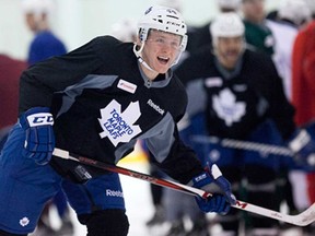 Toronto Maple Leafs defenceman Morgan Rielly skates down the ice during the team's first day of training camp in Toronto Sunday, Jan. 13, 2013. THE CANADIAN PRESS/Michelle Siu