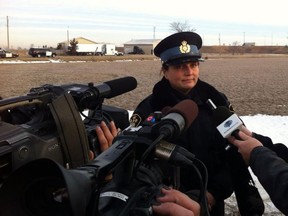 In this file photo, OPP Const. Stephanie Moniz talks to reporters at the scene of an overnight standoff between police and suspects in a Comber break and enter. (JASON KRYK/The Windsor Star)