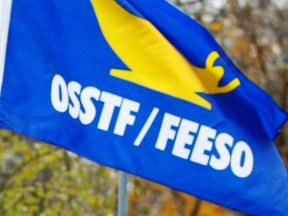 The flag of the Ontario Secondary School Teachers' Federation flies at a protest in Windsor, Ont. on Nov. 12, 2012. (Nick Brancaccio / The Windsor Star)