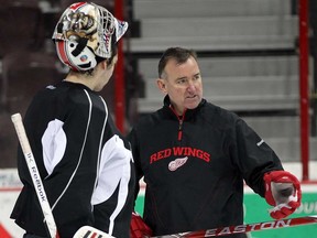 Windsor resident Jim Bedard, right, is staying with the Detroit Red Wings as new coach Jeff Blashill's goaltending coach.