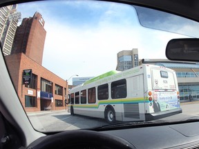 A Transit Windsor bus pulls out of the downtown bus station.   (DAN JANISSE/The Windsor Star)