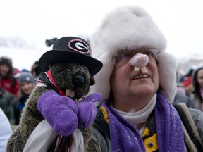 A spectator holds up a groundhog puppet as she listens to groundhog Wiarton Willie's weather prediction in Wiarton on Saturday Feb. 2, 2013. The groundhog prognosticator predicted an early end to winter. THE CANADIAN PRESS/ Frank Gunn