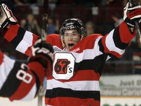 Ottawa's Sean Monahan celebrates a goal against the Barrie Colts in the playoffs last year. (Mike Carroccetto/The Ottawa Citizen)
