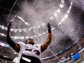 Ray Lewis #52 of the Baltimore Ravens celebrates after defeating the San Francisco 49ers during Super Bowl XLVII at the Mercedes-Benz Superdome on February 3, 2013 in New Orleans, Louisiana. The Ravens defeated the 49ers 34-31.  (Photo by Chris Graythen/Getty Images)