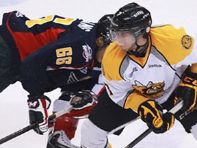 Windsor's Josh Ho-Sang, left, checks Sarnia's Anthony DeAngelo Friday. (TYLER BROWNBRIDGE/The Windsor Star)