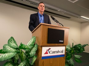Gerry Cahill, president and CEO of Carnival Cruise Lines, addresses media representatives during a news conference regarding the cruise ship Carnival Triumph, February 12, 2013 at the company's headquarters in Miami. (AFP PHOTO / Carnival Cruise Lines / Andy NEWMAN)