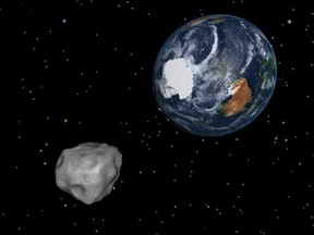 This image provided by NASA/JPL-Caltech shows a simulation of asteroid 2012 DA14 approaching from the south as it passes through the Earth-moon system on Friday, Feb. 15, 2013. The 150-foot object passed within 17,000 miles of the Earth. NASA scientists insist there was absolutely no chance of a collision as it passed. (AP Photo/NASA/JPL-Caltech)