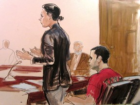 In this Oct. 25, 2012, file courtroom drawing, Federal Defender Julie Gatto requests bail for her client, New York City Police Officer Gilberto Valle, right, at Manhattan Federal Court in New York. The New York City police officer accused of kidnapping conspiracy admits to thinking about abducting, cooking and devouring young women. His own lawyer has shown prospective jurors a kinky staged photo of a woman trussed up in a roasting pan to test their tolerance for the officer’s "weird proclivities." (AP Photo/Elizabeth Williams, File)