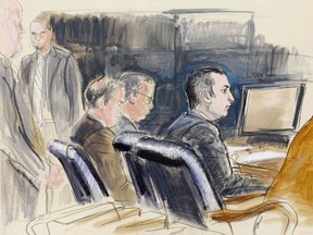 In this courtroom sketch, Gilberto Valle is seen in federal court in New York, Monday, Feb 25, 2013. The wife of Valle, a New York City police officer, will testify at a federal trial to explain how she discovered that he was discussing kidnapping, killing and eating women. (AP Photo/Elizabeth Williams)