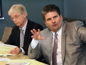 Hotel-Dieu Grace Hospital Ken Deane, left, and Windsor Regional Hospital CEO David Musyj, and other hospital officials meet with The Windsor Star's editorial board about planning for a new, single site Acute Care hospital, the centre portion of an integrated health care system for Windsor Essex region, February 12, 2013. (NICK BRANCACCIO/The Windsor Star)