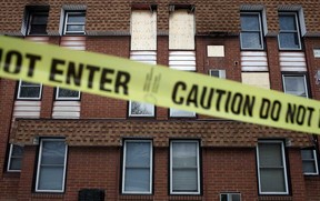 An apartment in the 6600 block of Thornberry Crescent is pictured boarded up Sunday, February 24, 2013.  A 30-year-old male died from an early morning fire at the apartment, Friday, February 22, 2013.  His girlfriend is still in critical condition at hospital.   (DAX MELMER/The Windsor Star)