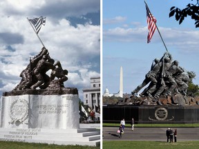 This photo combination shows, at left, a 1945 photo of the original 12 1/2-foot (4 meter) cast stone version of Felix de Weldon's iconic statue depicting soldiers raising the U.S. flag at Iwo Jima, placed in front of the old Navy Department Building, now the Federal Reserve Building, in Washington, D.C.; and, at right, de Weldon's 32-foot (10-meter)-tall bronze Marine Corps War Memorial in Arlington, Va., on Oct. 21, 2012. The smaller original statue, which was removed in 1947 and hidden under a tarp at the artist's studio for four decades, is expected to fetch up to $1.8 million when it goes on sale at Bonham's auction house in New York on Feb. 22, 2013. (AP Photo/Courtesy of Rodney Hilton Brown, left, and Jacquelyn Martin, right)