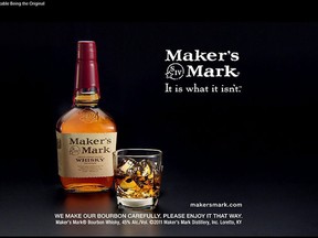 This file still frame image made from video provided by Maker's Mark Distillery Inc., shows a bottle of Maker's Mark in an advertisement. The producer of Maker's Mark bourbon is cutting — likely permanently — the amount of alcohol in each bottle to stretch every drop of the famous Kentucky whiskey. The alcohol volume is being lowered from its historic level of 45 percent to 42 percent — or 90 proof to 84 proof. (AP Photo/Marker's Mark Distillery Inc., File)