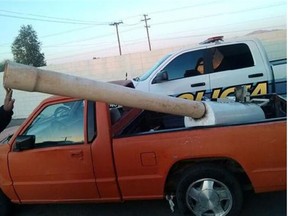 In this image released by the Mexicali Public Safety Department, a man holds up an improvised cannon that was confiscated earlier in the day in Mexicali, Mexico, Tuesday, Feb. 26, 2013. Police in the border city say the cannon was used to hurl packets of marijuana across a border fence into California. (AP Photo/Mexicali Public Safety Department)