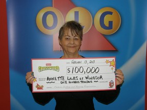 Annette Liles of Windsor won $100,000 playing a Crossword Tripler Instant scratch ticket. (Handout/OLG)