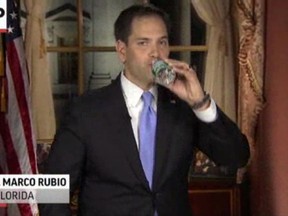 In this frame grab from video, Florida Sen. Marco Rubio takes a sip of water during his Republican response to President Barack Obama's State of the Union address, Tuesday, Feb. 12, 2013, in Washington. (AP Photo/Pool)