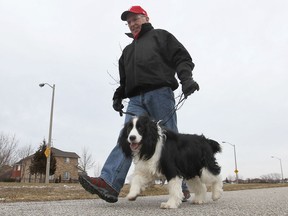 Windsor Star reporter Ted Shaw walks his dog Monday, Feb. 18, 2013, near the Blue Heron pond in Windsor, Ont. (DAN JANISSE/The Windsor Star)