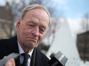 Former Prime Minister Jean Chretien speaks with the media after the funeral for the late Honourable Eugene Whelan, outside St. John the Baptist Church in Amherstburg, Ont., Saturday, February 23, 2013. (DAX MELMER/The Windsor Star)