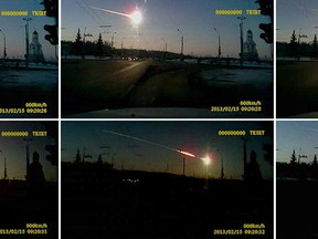 In this combo made from frame grabs from dashboard camera video, a meteor streaks through the sky over Chelyabinsk, about 1500 kilometers (930 miles) east of Moscow, Friday, Feb. 15, 2013. With a blinding flash and a booming shock wave, the meteor blazed across the western Siberian sky Friday and exploded with the force of 20 atomic bombs, injuring more than 1,000 people as it blasted out windows and spread panic in a city of 1 million. (AP Photo/AP Video)