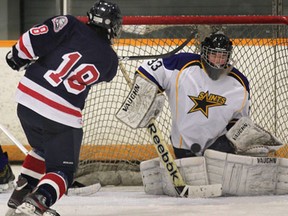 St. Anne goalie Eli Billing, right, makes a stop on Holy Dylan Muzzatti of Holy Names Tuesday at Tecumseh Arena. (DAN JANISSE/The Windsor Star)