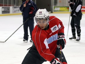 Windsor's Josh Ho-Sang stickhandles Wednesday during practice at the WFCU Centre. (NICK BRANCACCIO/The Windsor Star)
