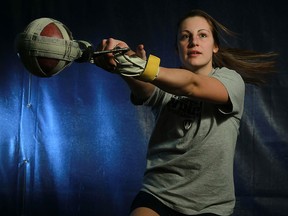 The University of Windsor's Shealynn McLaughlin broke a school record in the weight throw. (TYLER BROWNBRIDGE/The Windsor Star)