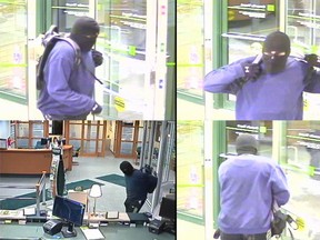 Images from surveillance camera recordings of a man who used an irritating spray to rob a TD Canada Trust branch in Tecumseh on Jan. 31, 2013. (Handout / The Windsor Star)