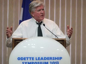 Hockey executive Brian Burke addresses university students and business professionals at the Odette Leadership Symposium in Windsor on Feb. 15, 2013. (Dan Janisse/The Windsor Star)