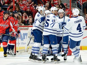 The Toronto Maple Leafs celebrate James van Riemsdyk's goal in the first period against the Washington Capitals at the Verizon Center Feb. 5, 2013 in Washington, DC. (Greg Fiume/Getty Images)