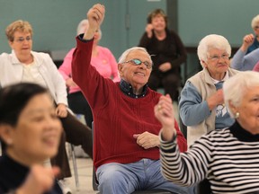 In this file photo, Neville Gough, 86, centre, participates in an exercise class at the Centre for Seniors in Windsor, Exercise for seniors can improve their safety, helping them avoid injury from falls. (DAN JANISSE / The Windsor Star)