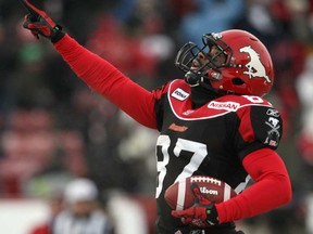 Calgary's Arjei Franklin celebrates a touchdown against Saskatchewan in the CFL West Final match at McMahon Stadium in Calgary November 21, 2010. (Stuart Gradon/Calgary Herald)