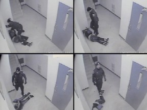 Images from a Feb. 22, 2012 surveillance camera video that allegedly shows Const. Kent Rice punching and kicking Gladson Chinyangwa. (The Windsor Star)