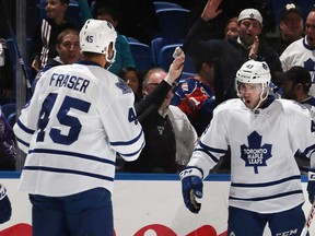 Toronto's Nazem Kadri, right, celebrates his first-period goal against the New York Islanders along with Mark Fraser at the Nassau Veterans Memorial Coliseum February 28, 2013 in Uniondale, N.Y. (Bruce Bennett/Getty Images)