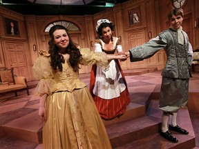 The University Players Melissa Cadman, left, Jenifer Alejandra and Will King in Moliere's Tartuffe at Essex Hall in Windsor. (TYLER BROWNBRIDGE / The Windsor Star)