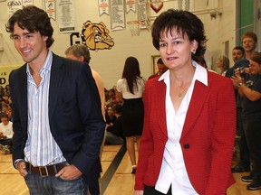 Liberal candidates Justin Trudeau and Susan Whelan enter the gymnasium on Sept. 18, 2008 at General Amherst High School in Amherstburg. (Windsor Star files)