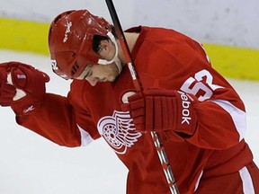 Red Wings defenceman Jonathan Ericsson celebrates the game-winning goal against the Los Angeles Kings in Detroit Sunday Feb. 10, 2013. The Wings beat the Kings 3-2. (AP Photo/Carlos Osorio)