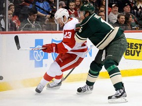 Minnesota's Dany Heatley, right, battles Detroit's Brian Lashoff February 17, 2013 at Xcel Energy Center in St Paul, Minnesota. The Wild won 3-2. (Hannah Foslien/Getty Images)