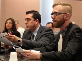 Chrisopher Pressey, right, and Jeff Flacks, address City Council following a presentation by City of Windsor Chief Financial Officer/City Treasurer Onorio Colucci, on the 2013 Operating and Capital Budgets Monday March 4, 2013.  (NICK BRANCACCIO/The Windsor Star)